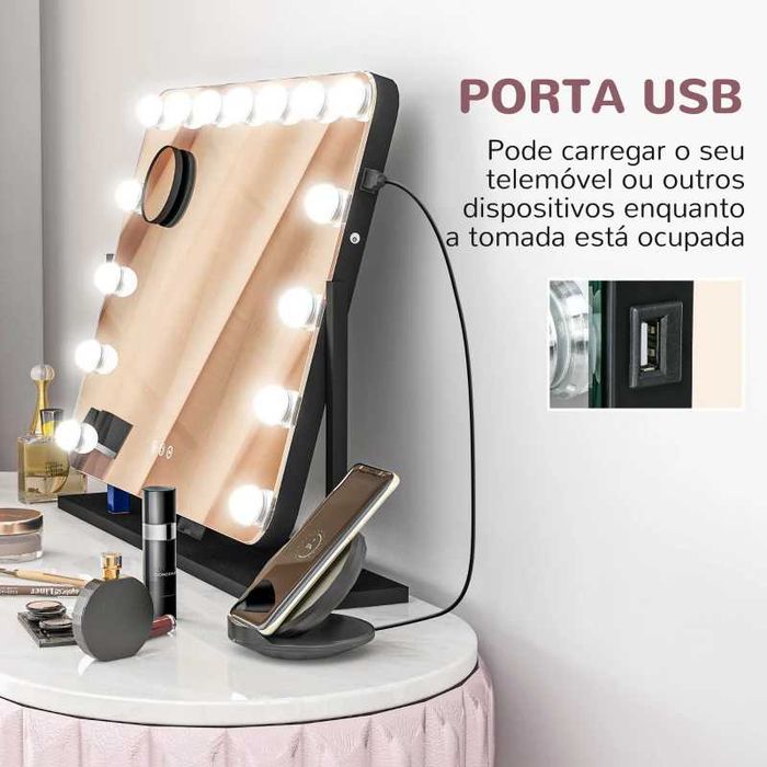 Espelho de Maquilhagem (Hollywood) com Luzes e Entrada USB - Preto