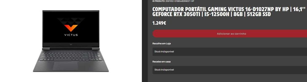 Portátil Gaming HP Victus 16-d1027np (Intel Core i5-12500H - NVIDIA GeForce RTX 3050 Ti - RAM: 8 GB - 512 GB SSD - 16.1'') SÓ HOJE 600€