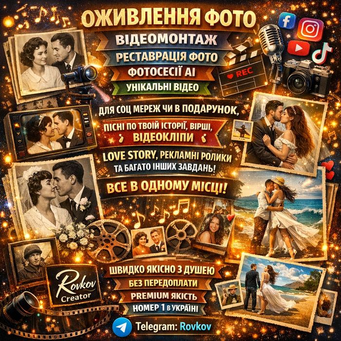 Відео монтаж,оживленя фото,в подарунок,привітання,відеокліп,ШІ, топ