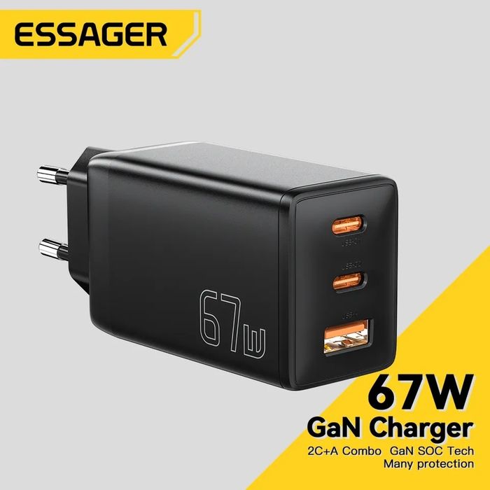 Універсальна зарядка Essager 67Вт GaN 67W зарядний пристрій +кабель 2м