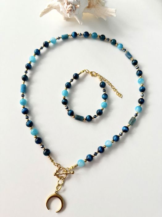 Naszyjnik/Bransoletka  Naturalne Kamienie Apatyt Lapis Lazuri