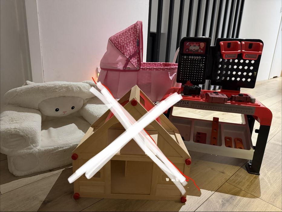 Zabawki dla dzieci (warsztat,wózek,fotelik pluszowy)