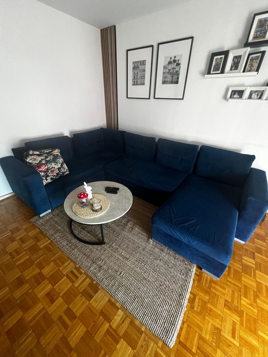 Narożnik granatowy, rozkładany, dwa pojemniki na pościel, MODUŁOWY.