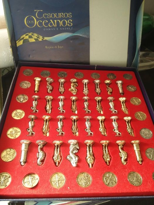 Jogos de Damas e Xadrez dos Oceanos Completo banhado ouro 24K