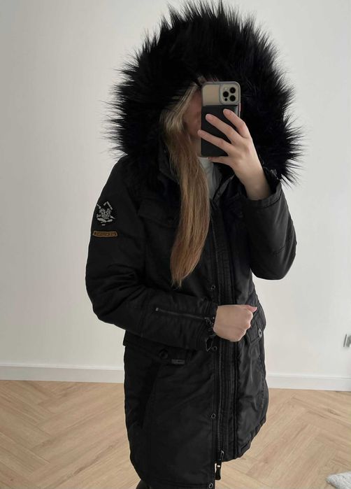 Khujo kurtka czarny płaszcz z kapturem vintage black 36 s m