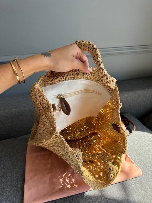 Сумка Miu Miu Crochet Raffia Tote Bag with Brown Leather Strap літня