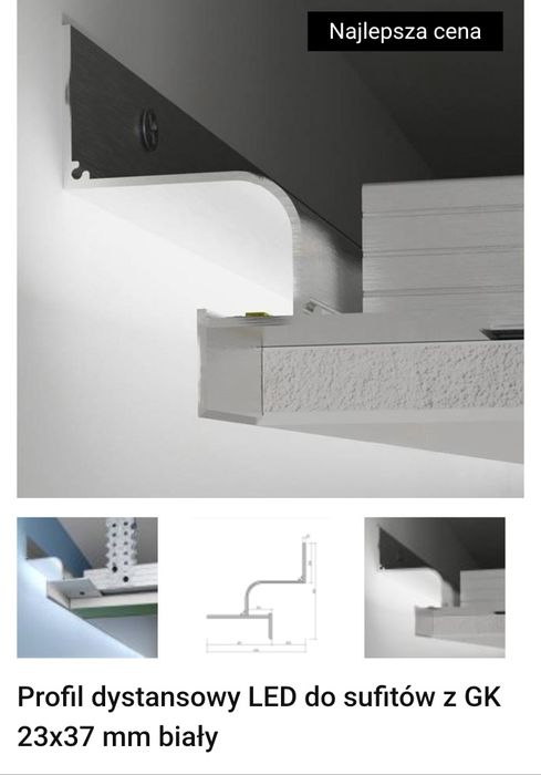 Profil dystansowy LED do sufitów z GK 23х37 mm białyProfil dystansowy