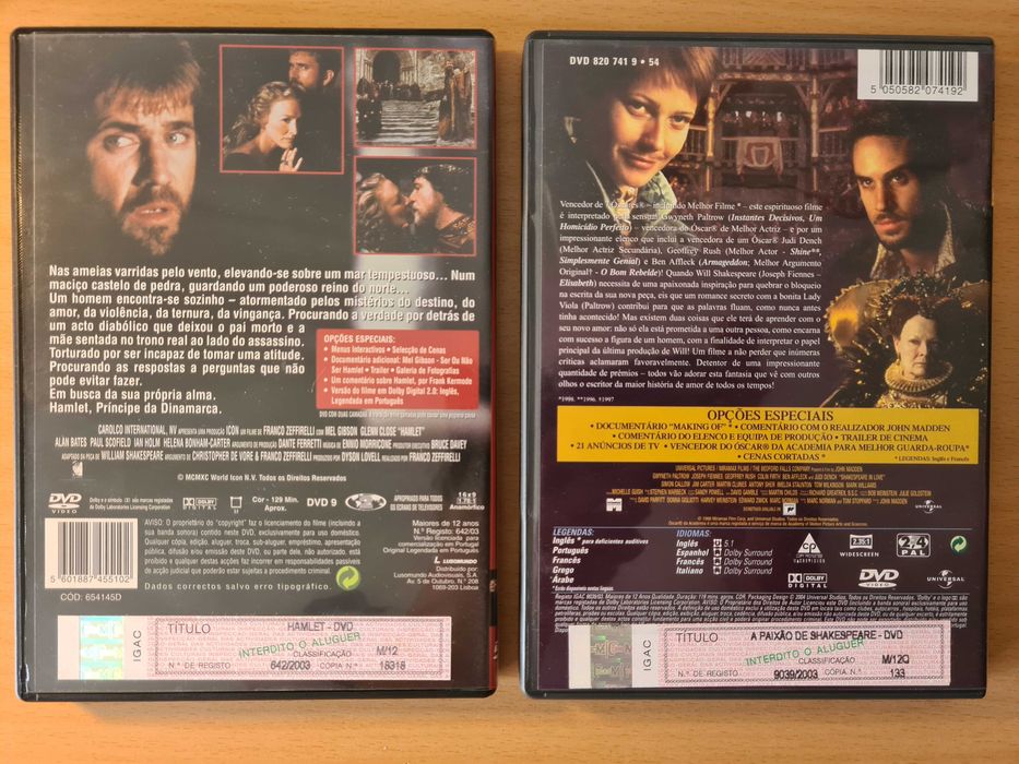 2 filmes em DVD sobre Shakespeare: Hamlet e A Paixão de Shakespeare