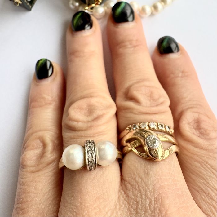 Art Deco Austria lata 20-te Pierścionek Złoto 14k Perły Diamenty R16