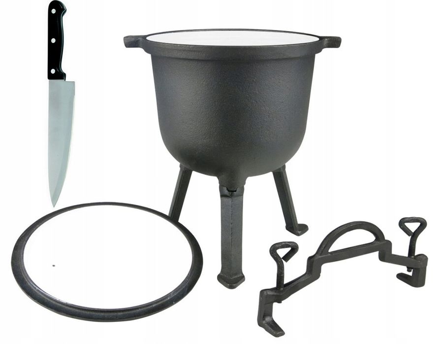 kociołek myśliwski żeliwo emalia+nóż niemiecki 10l