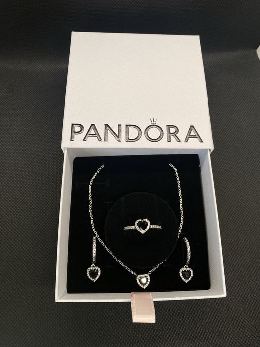Zestaw srebrnej biżuterii Pandora czarne serce błyszczące cyrkonie
