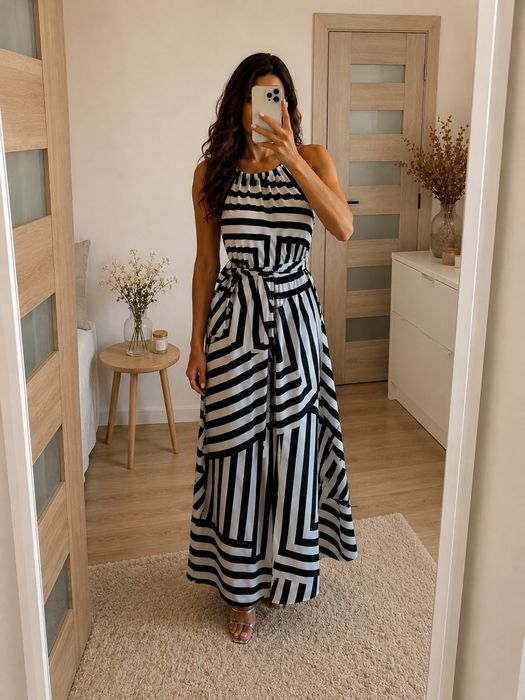 Sukienka maxi w czarno-białe paski – lekka, zwiewna, na lato