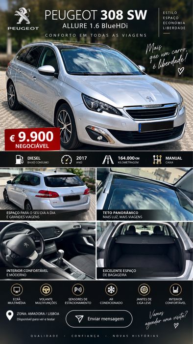 Peugeot 308 SW 1.6 BlueHDi Allure | 2017 | Teto Panorâmico