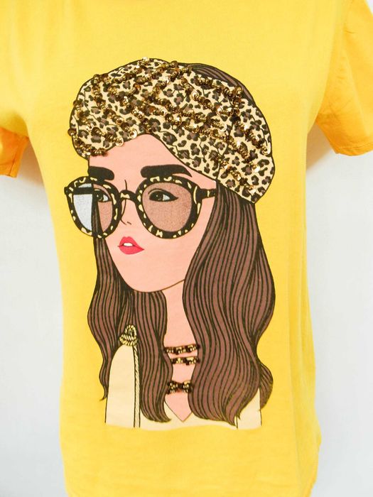 T-shirt Qumru zółty z pomarańczowym kobieta cekiny