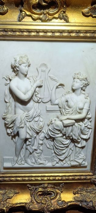 Antyczna Płaskorzeźba Obraz  Alabaster  Barokowa złocona Rama Unikat