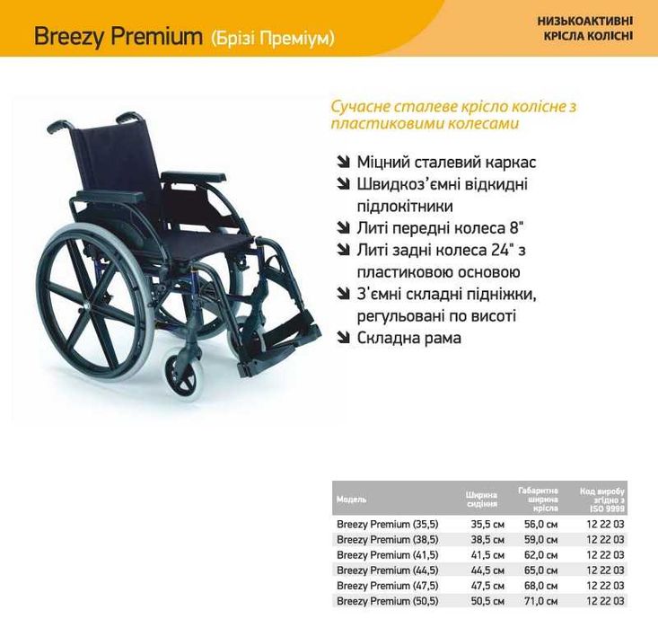 Інвалідний візок (крісло) Breezy Premium (ширина 52 см)
