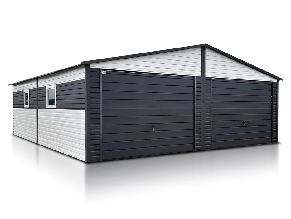 Garaż blaszany dwustanowiskowy 7x7 m - Dach dwuspadowy, Brama uchylna,