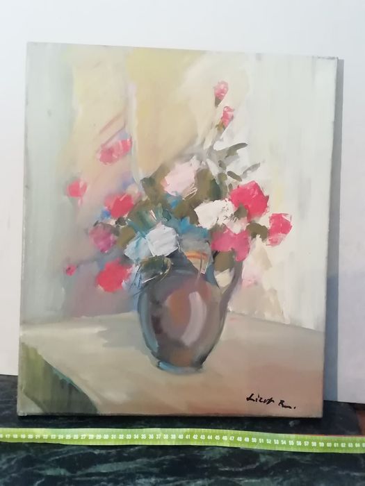 Obraz kwiaty sygn. Lizut R. Płótno olej wym. 30x50 cm. Ostatnie pracę