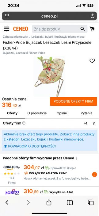Leżaczek Fischer Price z pokrowcem i karuzelką