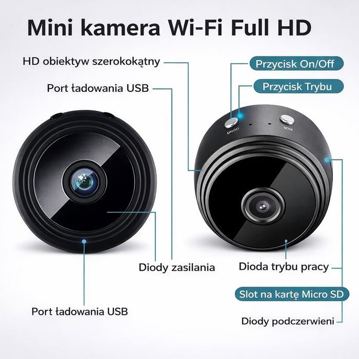 Mini kamera wifi hd szpiegowska podgląd telefon A9 detekcja ruchu