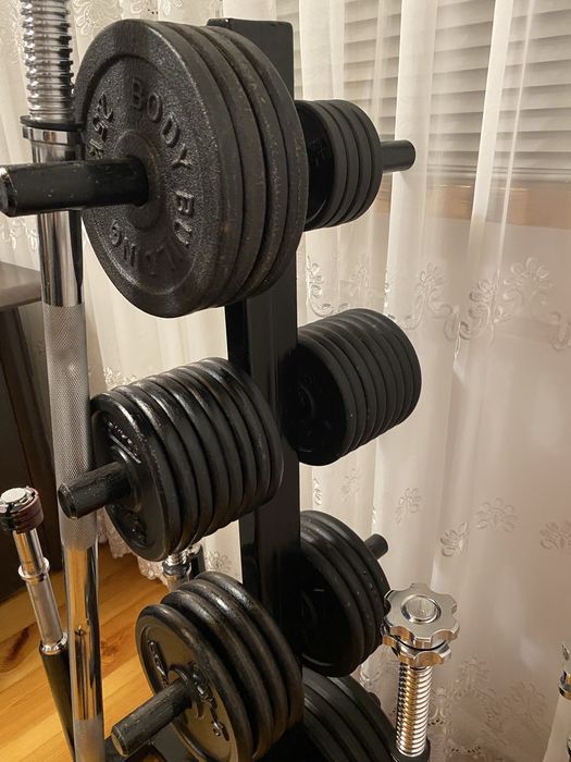 ZESTAW SIŁOWNIA hantle + gryf + 84 kg + stojak
