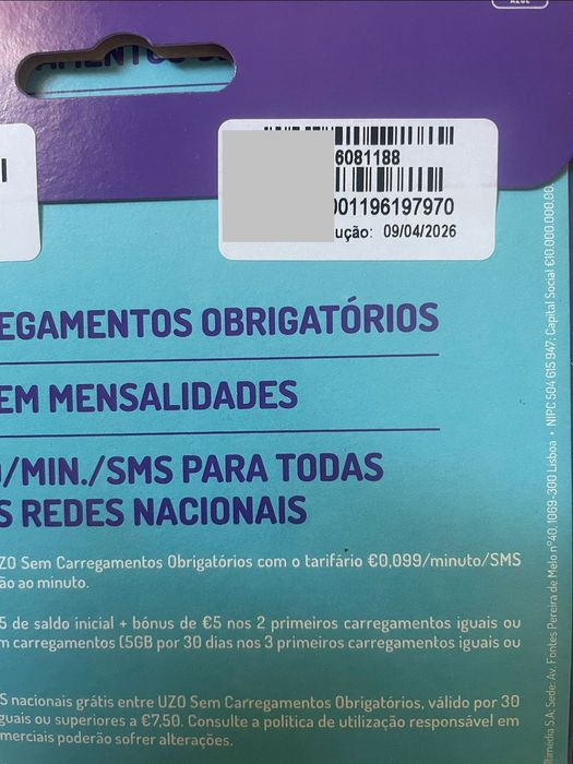 cartões UZO prepago selados, números únicos