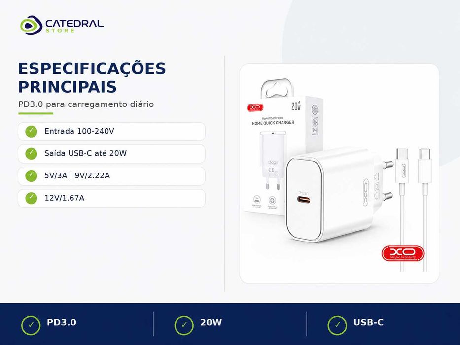 Carregador USB-C 20W XO com Cabo 1m – PD3.0 – Branco – Novo