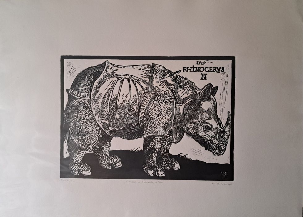 Linogravura Rinoceronte, de Dürer - gravura em linóleo linocut - NOVO