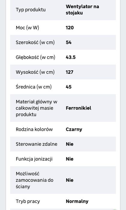 Wentylator podłogowy stojący czarny Equation duża moc 120 W