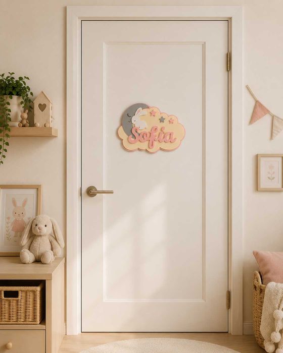 Placa Personalizada com Nome para Quarto de Bebé – Coelho e Lua 3D