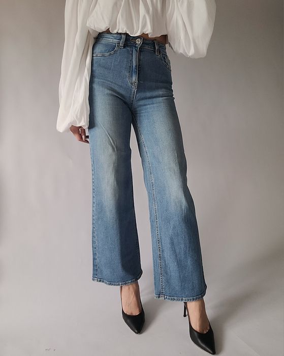 Jeansowe szerokie proste luzne spodnie wide leg wysoki stan 36 S jeans