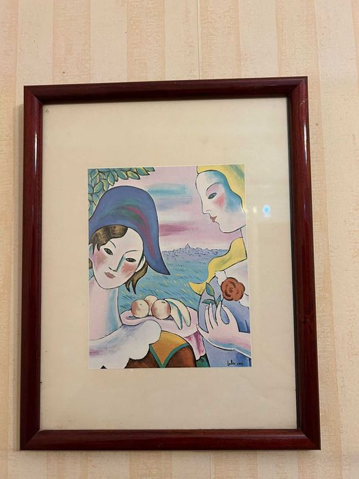 Gravura Assinada 'Lulic 1990'  Art Déco - Mulheres com Fruta e Rosa