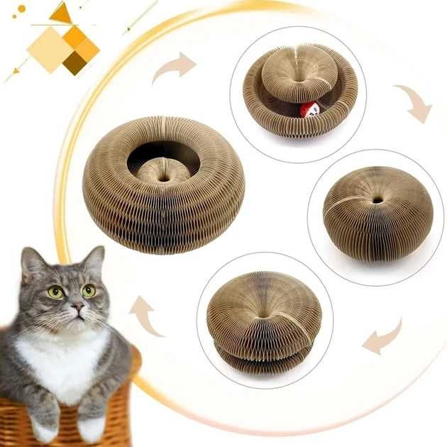 Круглая гофрированная лежанка для кошек с мячиком для игры