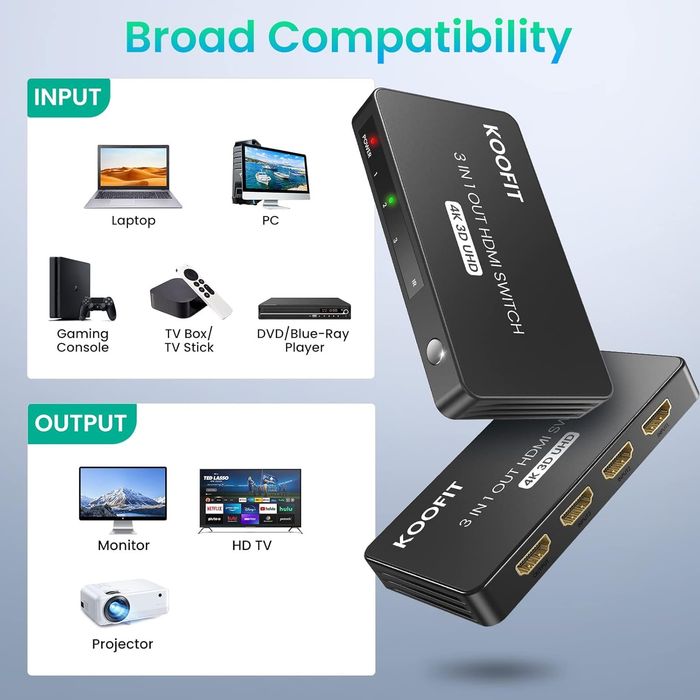 Przełącznik HDMI 3w1 z pilotem koofit splitter