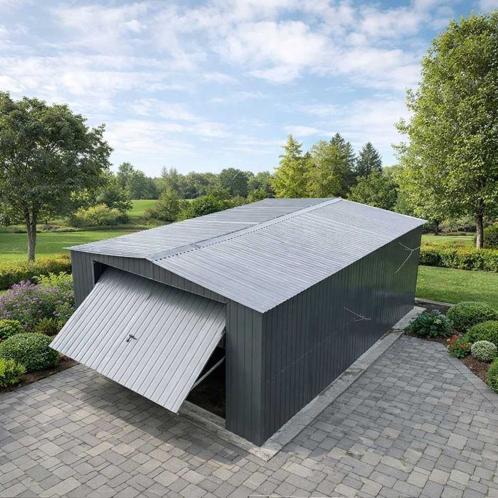 Garaż blaszany 4x5 RAL 7016 Brama Podnoszona Dach Dwuspadowy, Obróbki