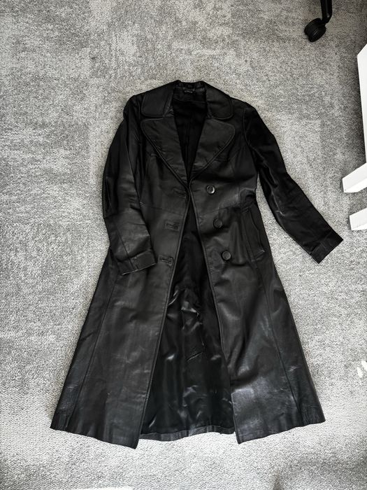 Vintage damski skórzany trencz z paskiem wiązany prochowiec płaszcz z prawdziwej skóry real leather