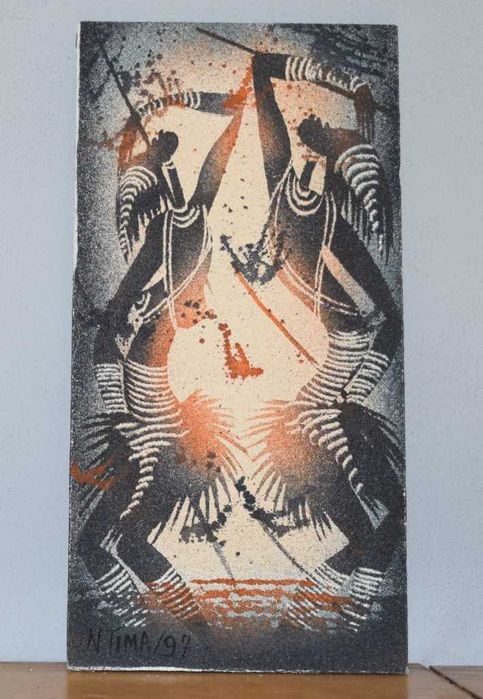 Quadro africano (Angola) pintado a tinta de areia – Par de dançarinos – 1997