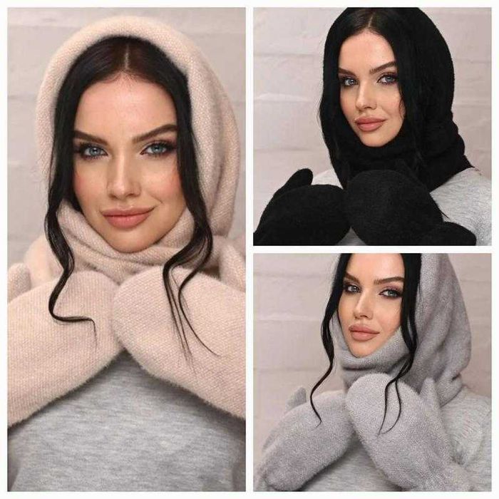 Капор - капюшон, рукавиці ангора - норка, багато кольорів