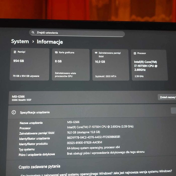 Sprzedam - Laptop MSI GS66 Stealth i7 10th / RTX 2070 Max-Q