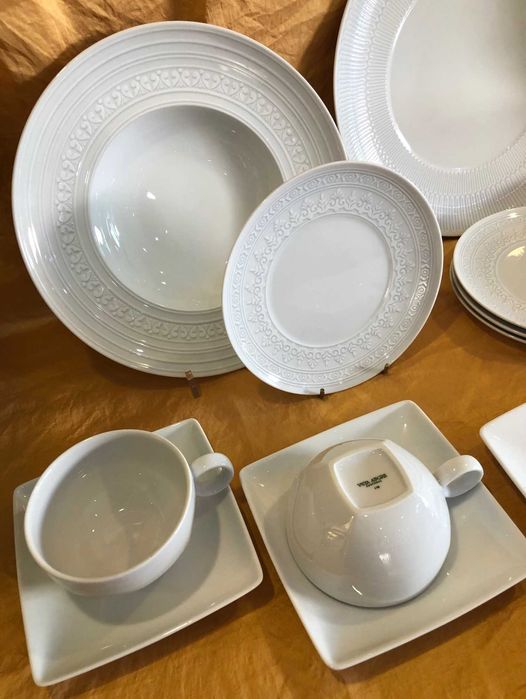 conjunto de peças de mesa em porcelana da vista alegre, três coleções