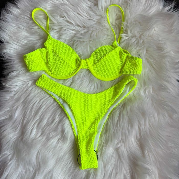 kostium kąpielowy bikini marszczone neonowe żółte neon na lato hit s