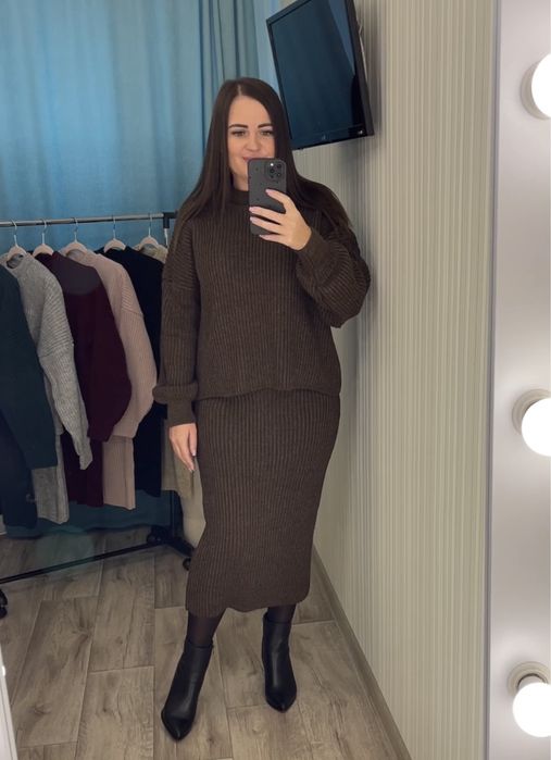 Акция!!!Женский теплый вязаный костюм свитер+юбка Жіночий костюм 42-50