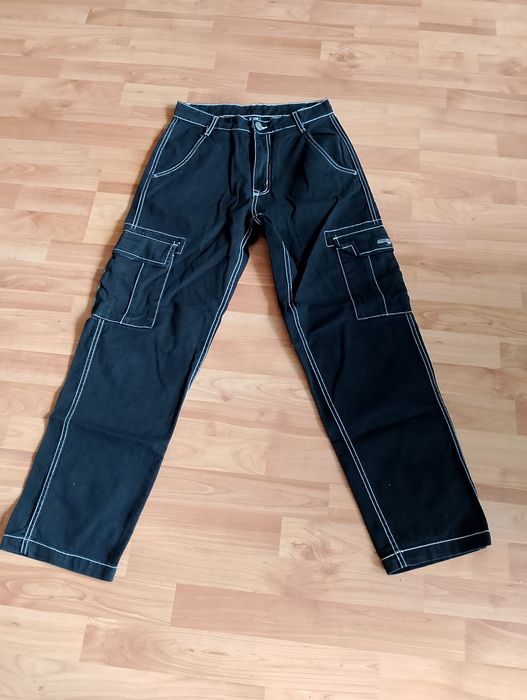 Czarne szerokie spodnie bojówki cargo swag skater drip affliction vintage y2k  XS