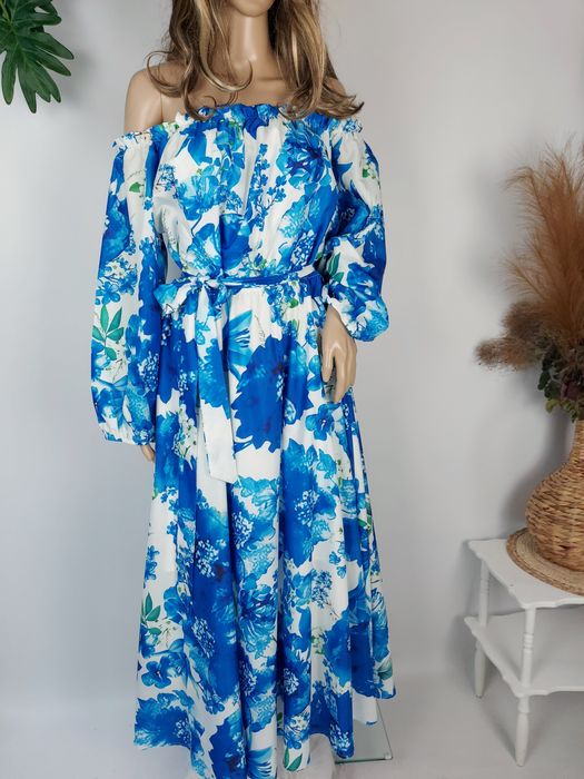 Nowa piękna sukienka maxi w kwiaty hiszpanski dekolt odkryte ramiona