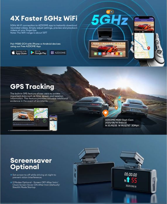 Kit 3 câmaras (frontal 5K traseira e cabine HD) azdome m580 + Cartão