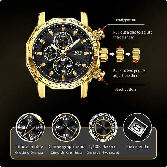 Relógio Luxuoso Masculino LIGE bracelete metal dourado (Novo)