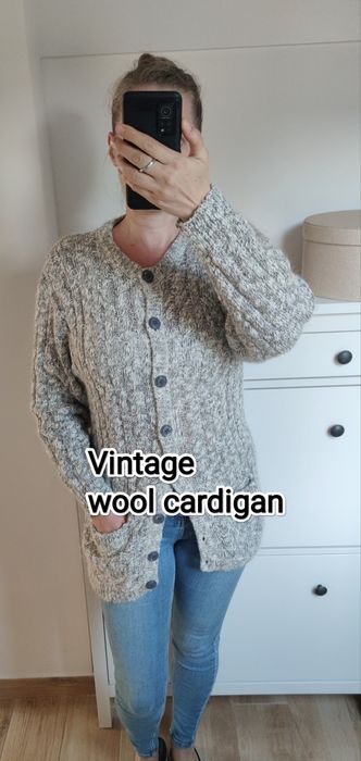 Wełniany kardigan sweter sweterek szary melanż z białym warkocze