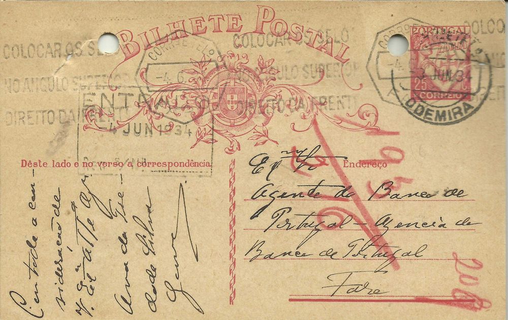 2 Bilhetes Postais Antigos 1934 ODEMIRA - FARO
