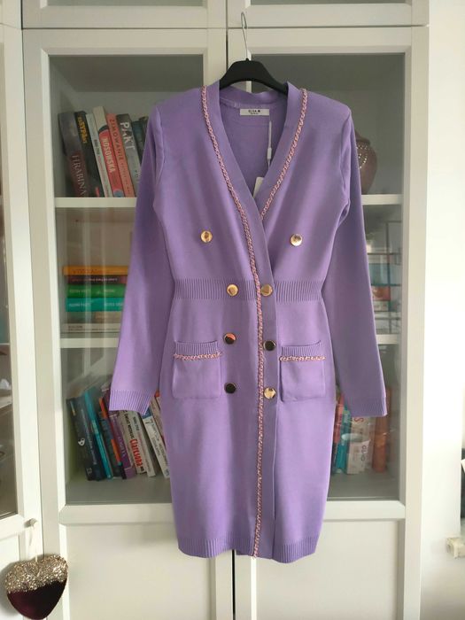 Elegancka sukienka midi wiskoza sweter sweterkowa lila 38 M
