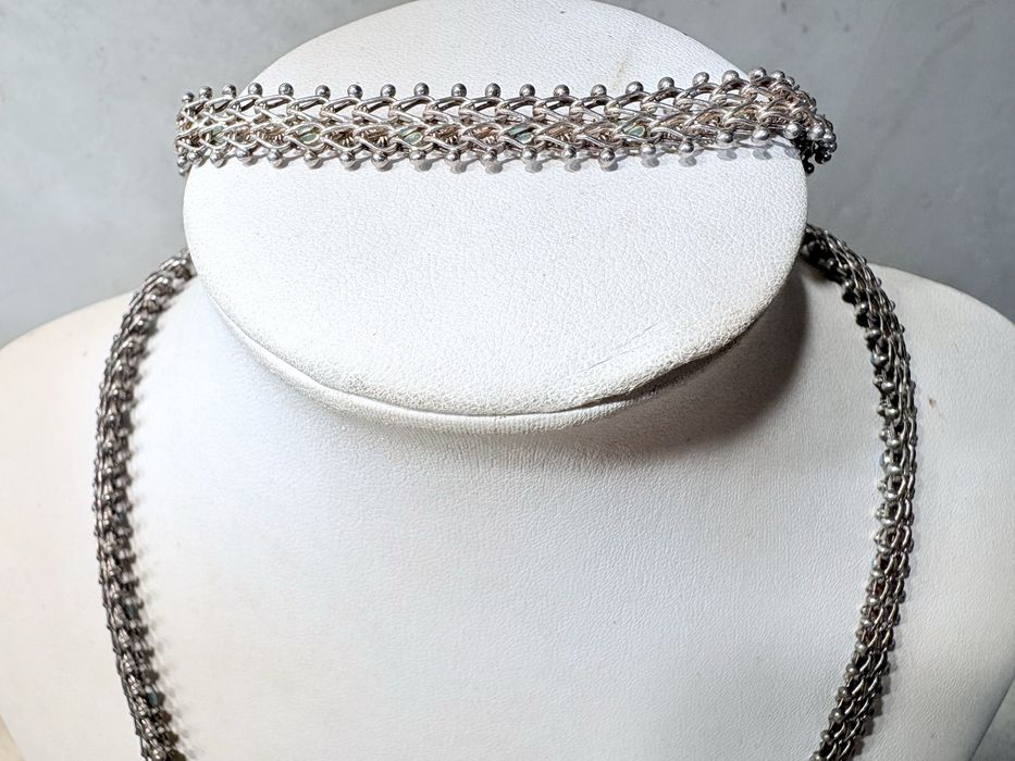 Conjunto de lindo colar e pulseira vintage em prata com turquesas